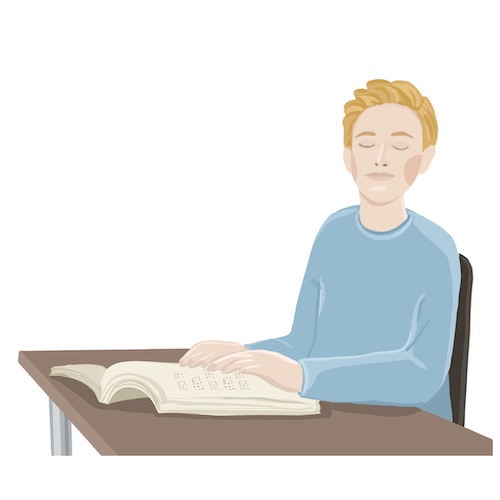 Drawing of a boy with closed eyes reading a book in braille